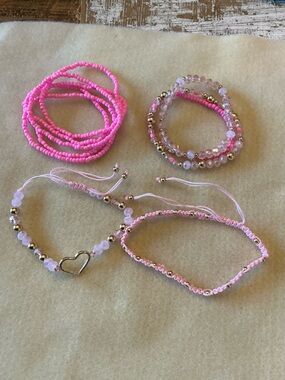 Pink Beaded & Cord Bracelet Set - Heart Charm